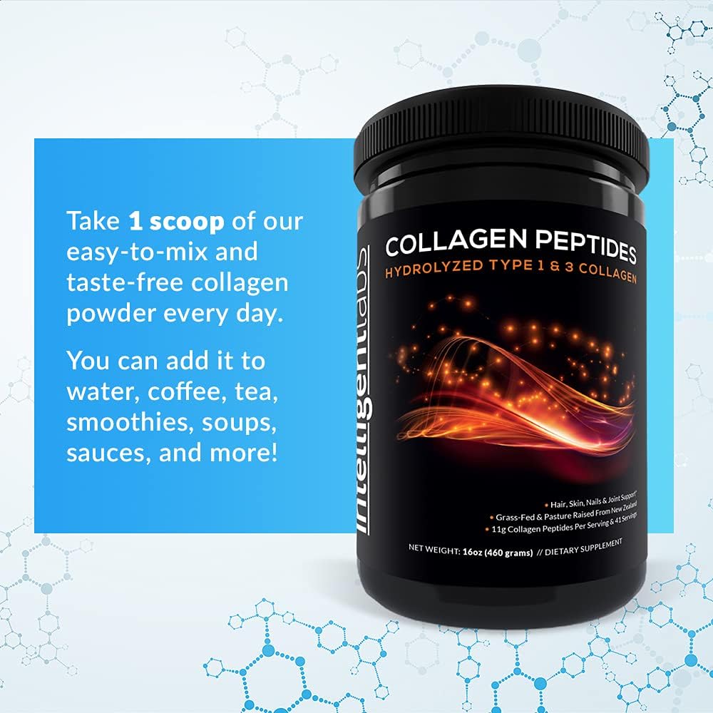 Hydrolyzed Type 1 and 3 Collagen Peptides Powder - Grass-Fed Bovine Source, 100% Cruelty-Free, Supports Hair, Skin, Nails & Joints, 11g per Serving, 41 Servings