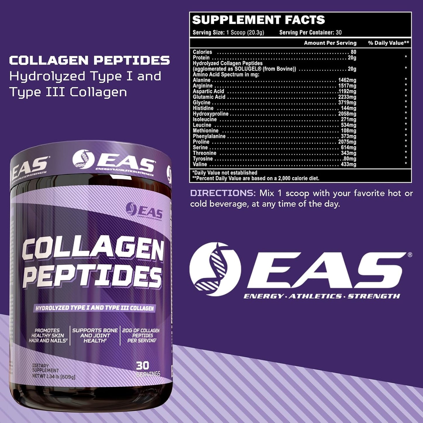 Hydrolyzed Type I & III Collagen Peptides Powder for Hair, Skin, Nails, Bone & Joint Health - 20g Per Serving - 30 Servings - Unflavored - BoostGo Australia
