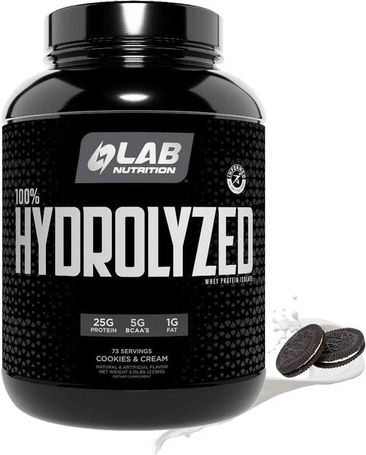 Hydrolyzed Whey Protein Isolate Powder 5lb - Cookies & Cream, 25g Protein/serving, Muscle Building, Lean Growth, Easy Digestion, Gluten & Lactose Free, Fast Absorption