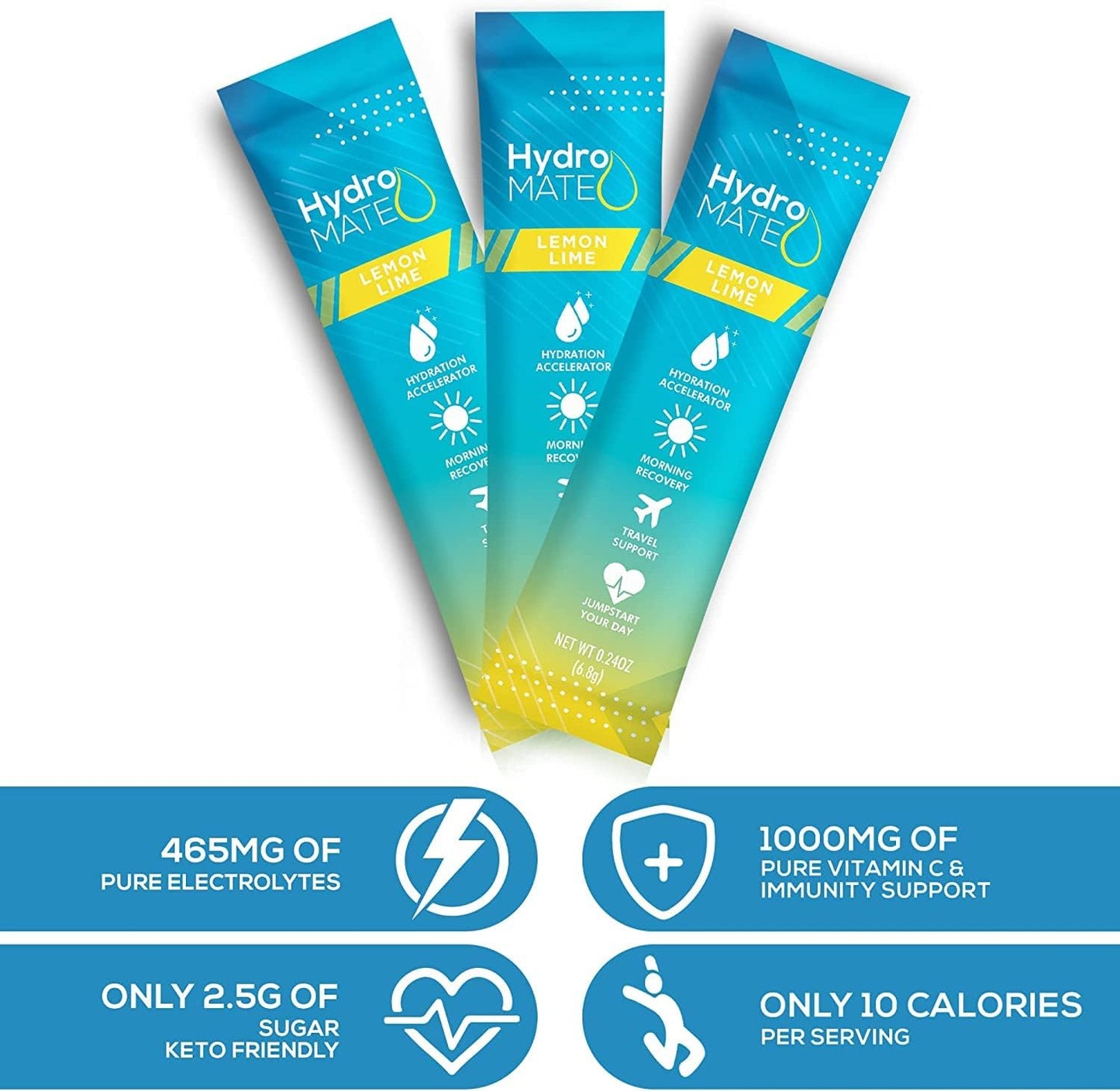 HydroMATE Electrolyte Powder Packets - Lemon Lime Flavor with Vitamin C for Instant Hydration and Energy Boost - 30 Count Pack for Fast Recovery