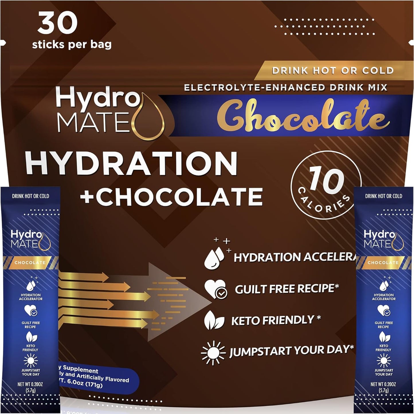 HydroMATE Electrolyte Powder Packets Drink Mix - Chocolate Flavor, Low Sugar, Vitamin C, Fast Recovery - 30 Count
