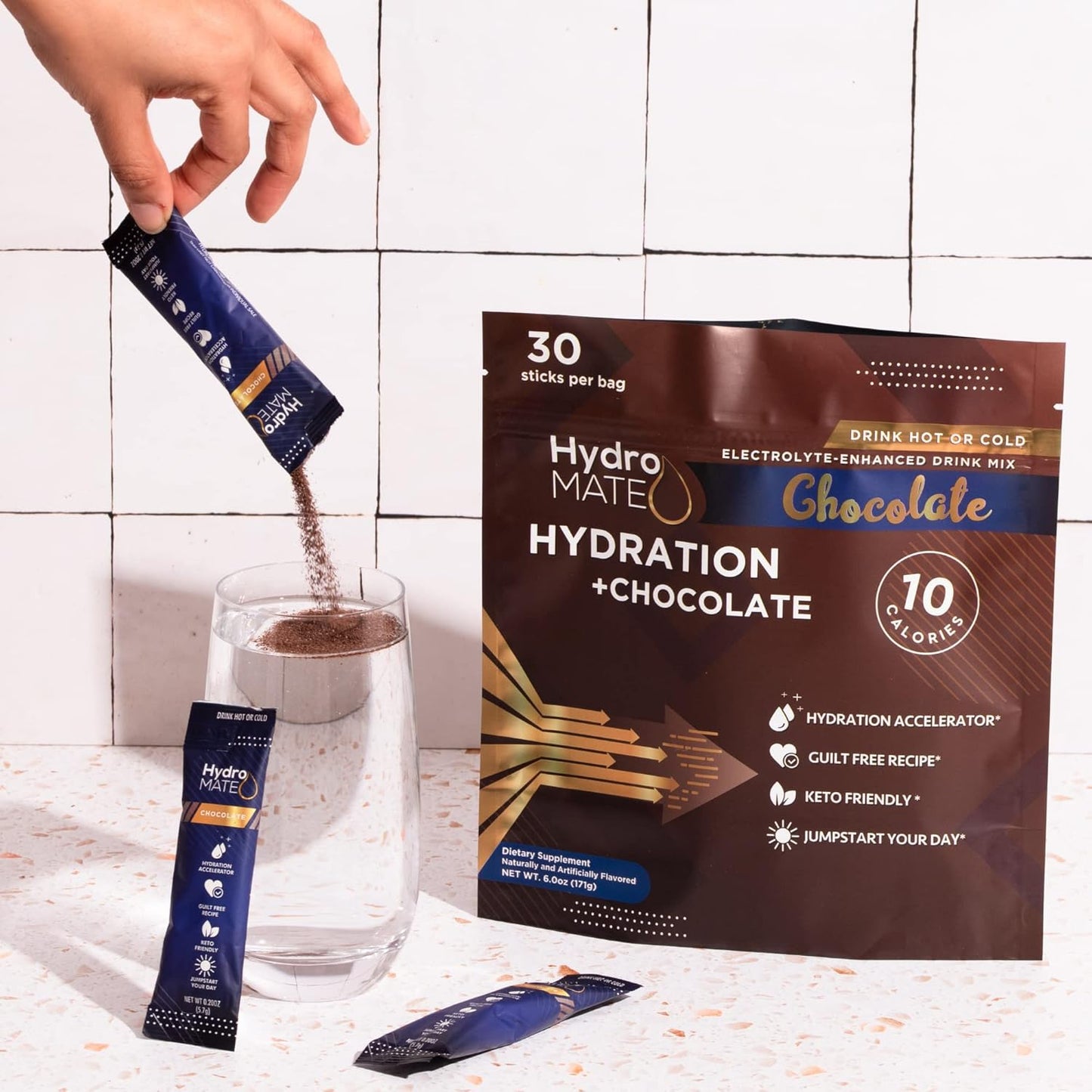 HydroMATE Electrolyte Powder Packets Drink Mix - Chocolate Flavor, Low Sugar, Vitamin C, Fast Recovery - 30 Count
