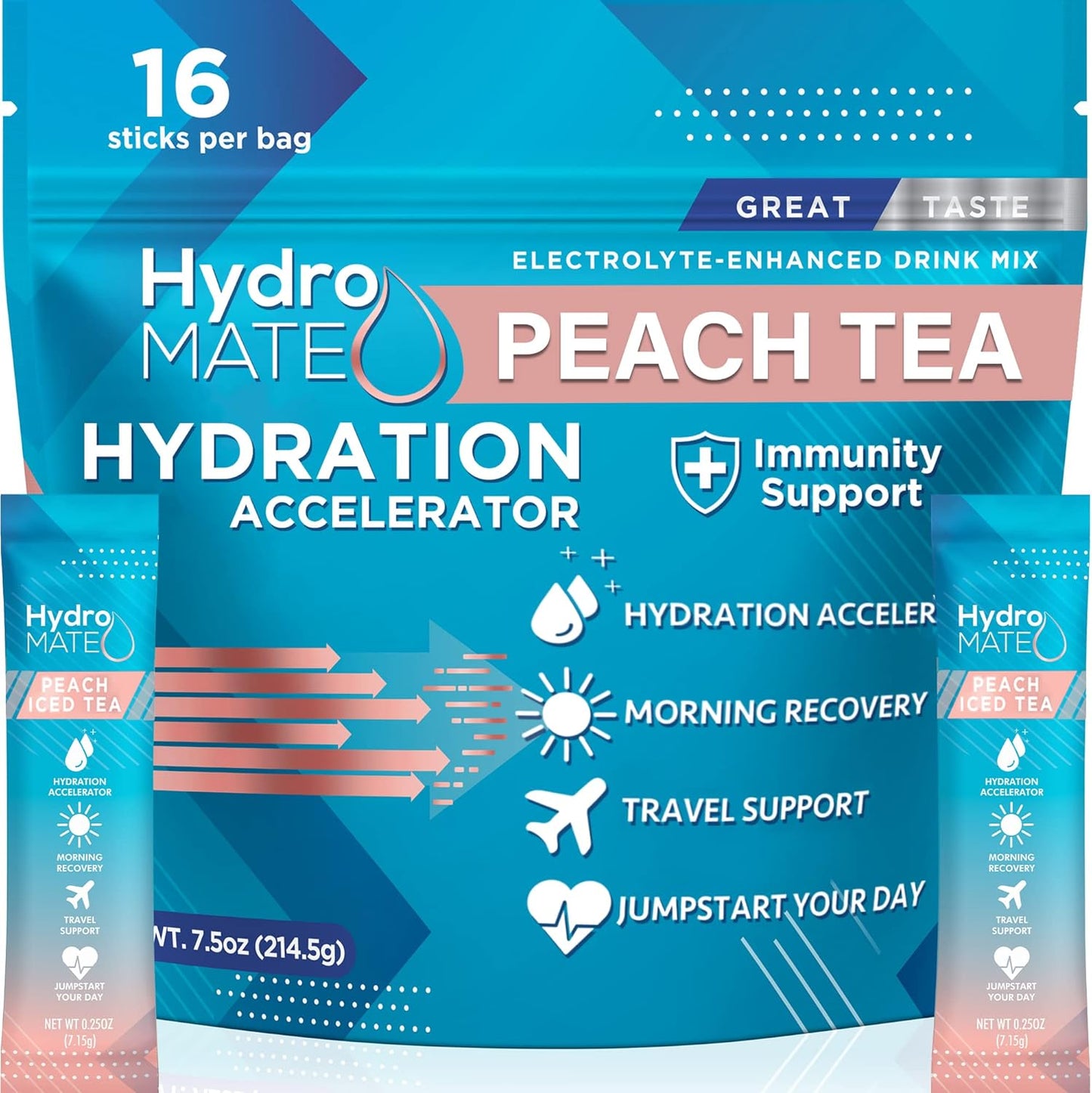 HydroMATE Electrolytes Powder Packets - 16 Count Peach Tea Instant Hydration with Vitamin C - Low Sugar Fast Recovery