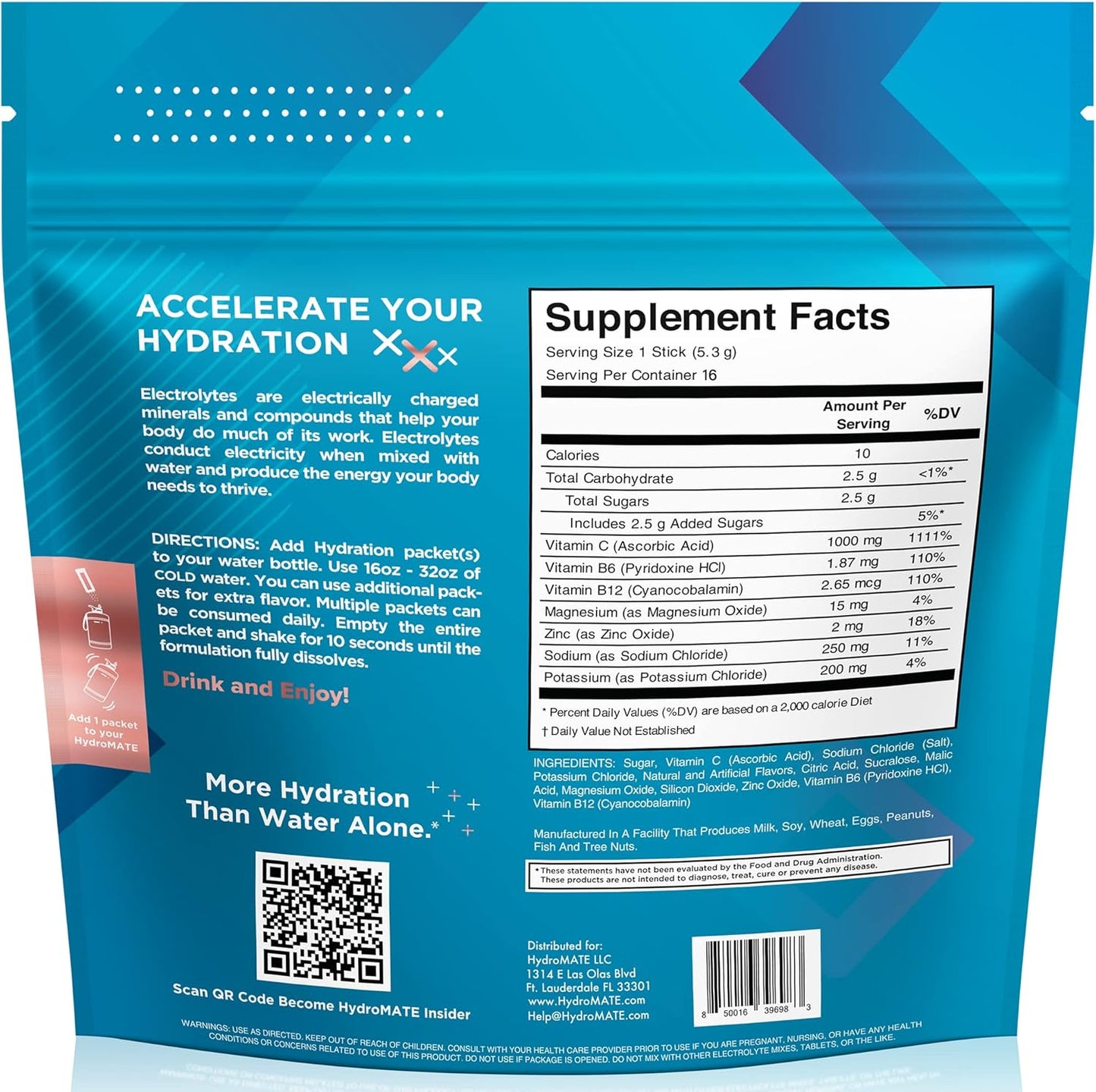HydroMATE Electrolytes Powder Packets - 16 Count Peach Tea Instant Hydration with Vitamin C - Low Sugar Fast Recovery
