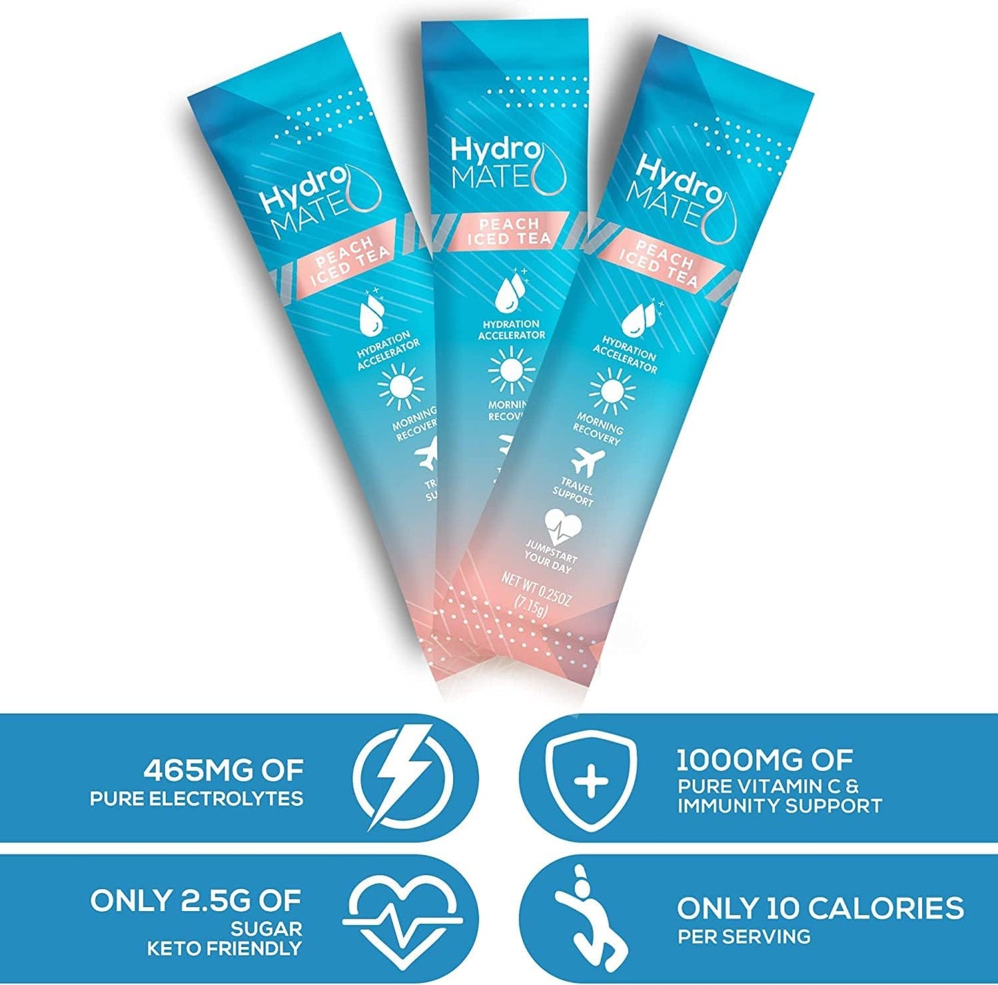 HydroMATE Electrolytes Powder Packets - 16 Count Peach Tea Instant Hydration with Vitamin C - Low Sugar Fast Recovery