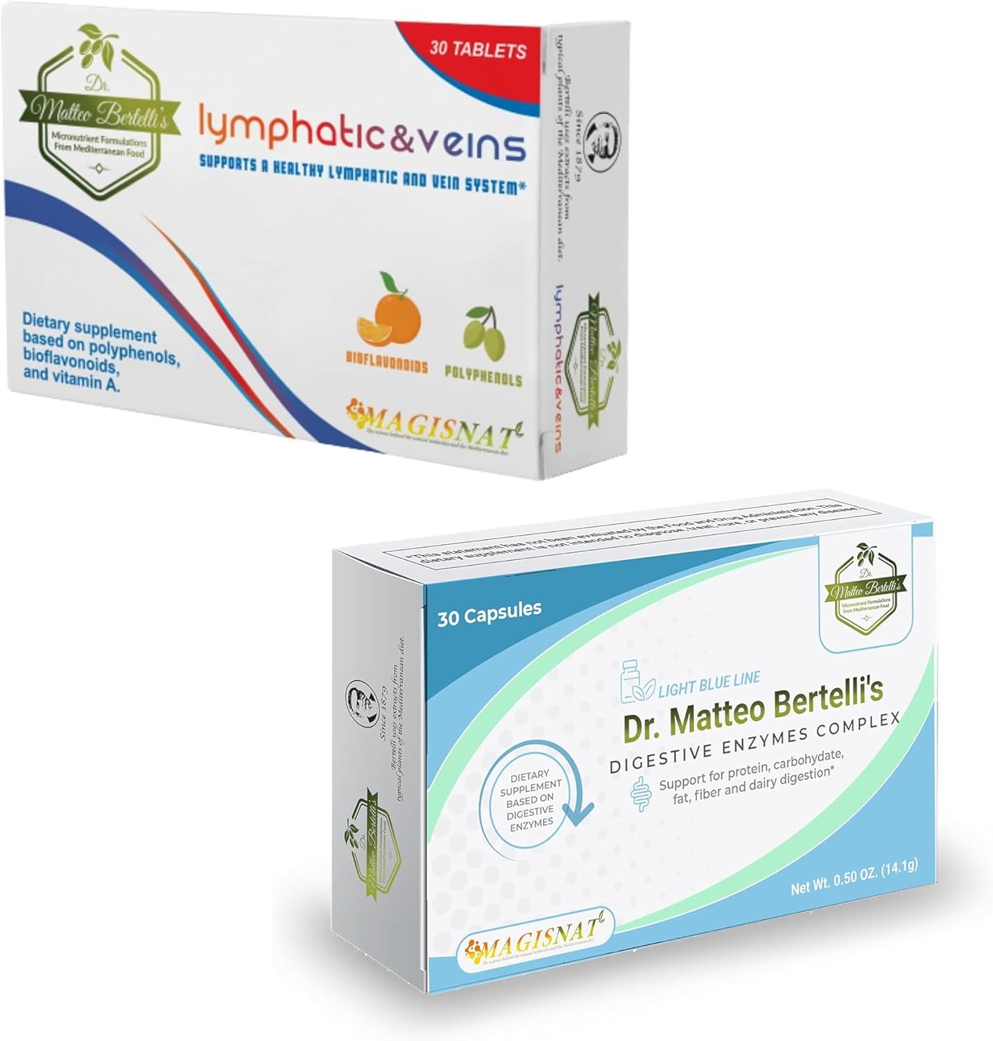 Hydroxytyrosol & Vitamin A Digestive Support Bundle - Dr. Matteo Bertelli's Lymphatic Formula - 30 Tablets & 30 Capsules
