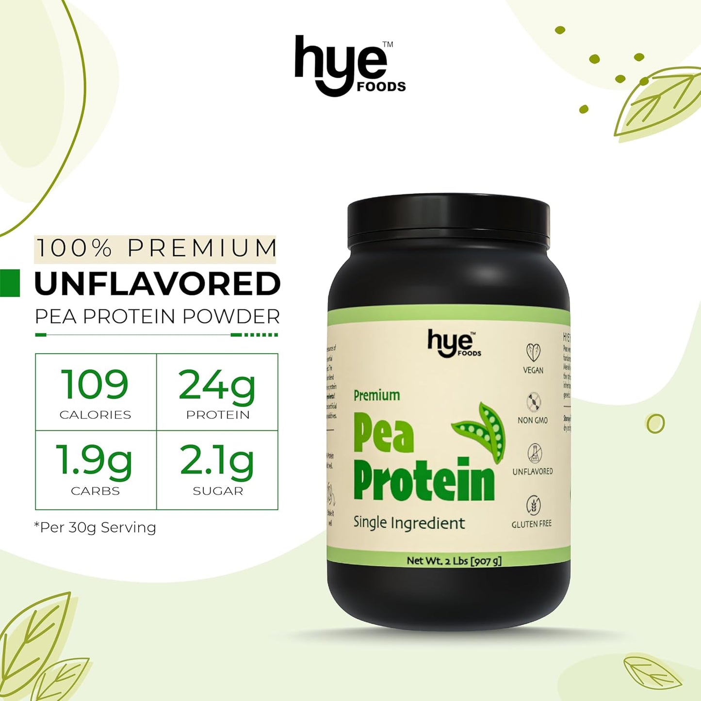 HYE FOODS Premium Pea Protein Powder - 2 lb Vegan Gluten-Free Unflavored Digestible 100% Peas - 30 Servings