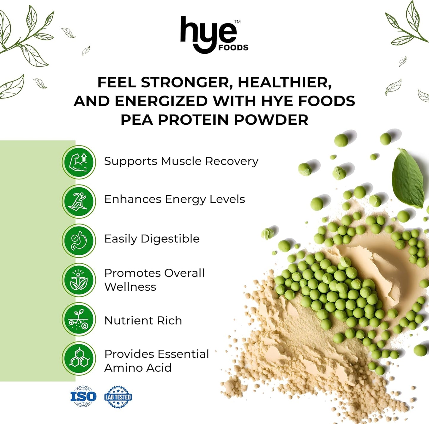HYE FOODS Premium Pea Protein Powder - 2 lb Vegan Gluten-Free Unflavored Digestible 100% Peas - 30 Servings