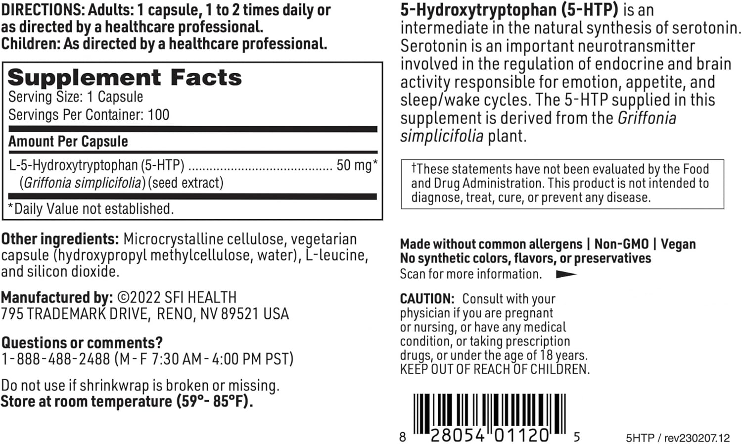 Hypoallergenic 5-HTP 50mg from Griffonia Seed Extract - Mood Support Supplement (100 Capsules)