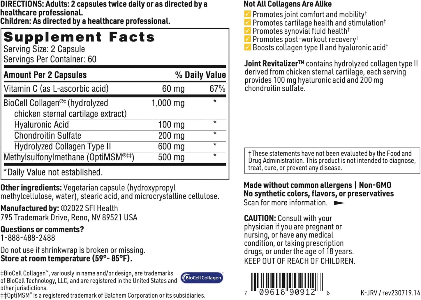 Hypoallergenic Joint Revitalizer with Collagen Peptides, Chondroitin, MSM & Hyaluronic Acid - Connective Tissue Support (120 Capsules)
