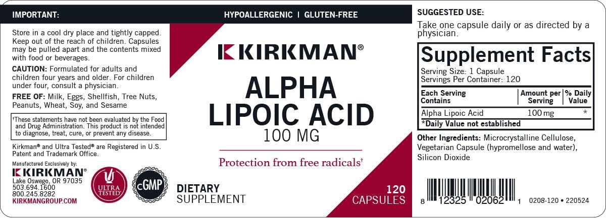 Hypoallergenic Kirkman Alpha Lipoic Acid 100mg Capsules - 120 Vegetarian Capsules