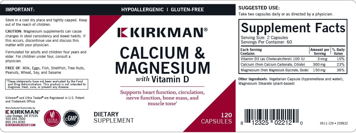 Hypoallergenic Kirkman Calcium Magnesium Capsules - 120 Count