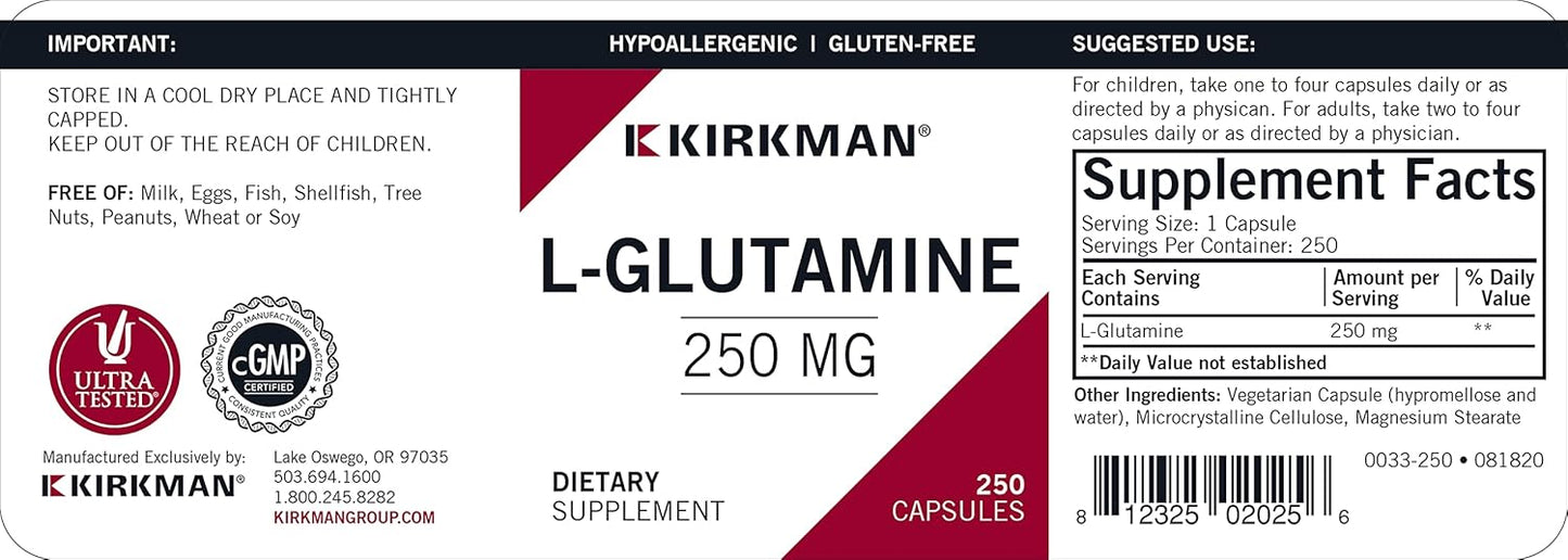 Hypoallergenic Kirkman L-Glutamine 250 mg Vegetarian Capsules - Amino Acid Supplement, Gluten & Casein Free