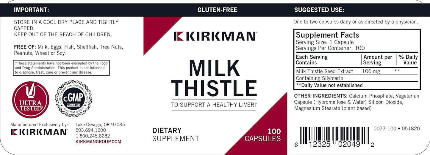 Hypoallergenic Kirkman Milk Thistle 100 mg - 100 Vegetarian Capsules