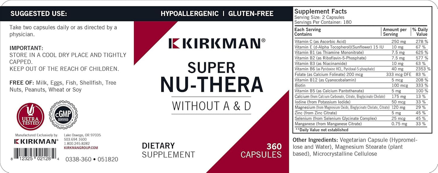 Hypoallergenic Kirkman Super Nu-Thera® - 360 Vegetarian Capsules - High Vitamin B-6 and Magnesium - Gluten and Casein Free - No Vitamins A and D