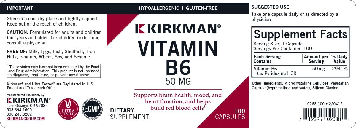 Hypoallergenic Kirkman Vitamin B-6 50 mg Capsules, 100 Vegetarian, Gluten and Casein Free