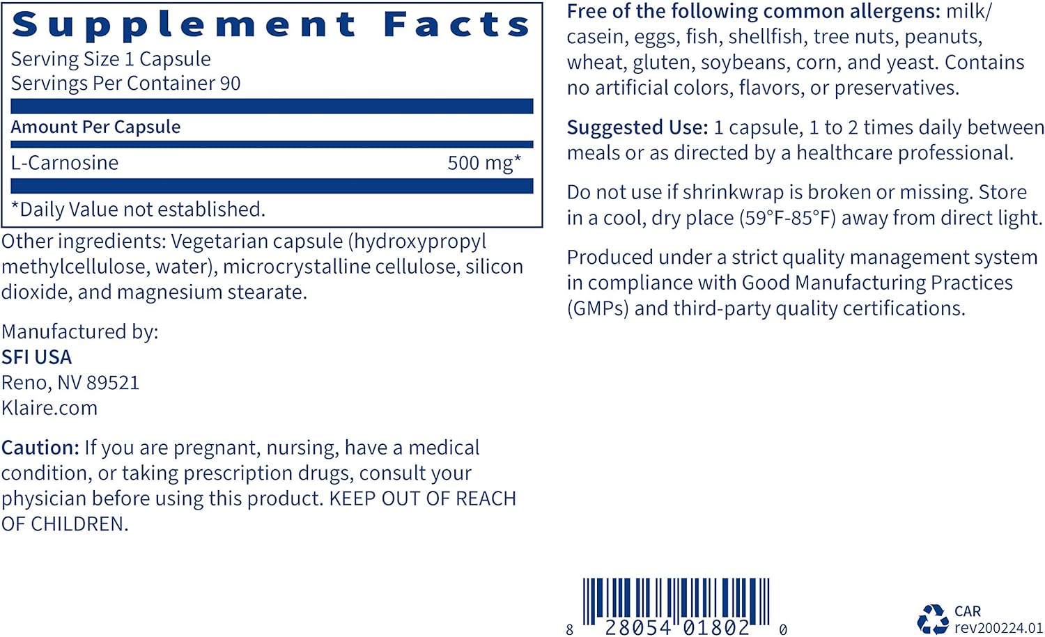 Hypoallergenic L-Carnosine 500mg Supplement for Healthy Aging - Antioxidant Support - 90 Capsules Gluten, Soy, Corn-Free