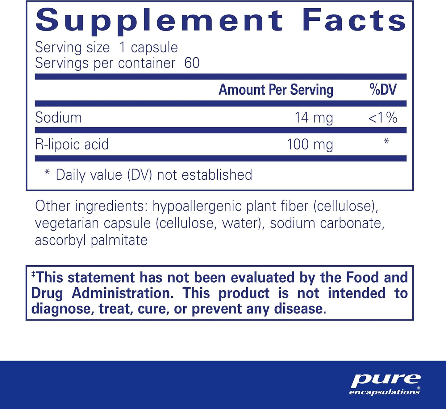 Hypoallergenic Pure Encapsulations R-Lipoic Acid (Stabilized) | Enhanced Antioxidant and Metabolic Support | 60 Capsules