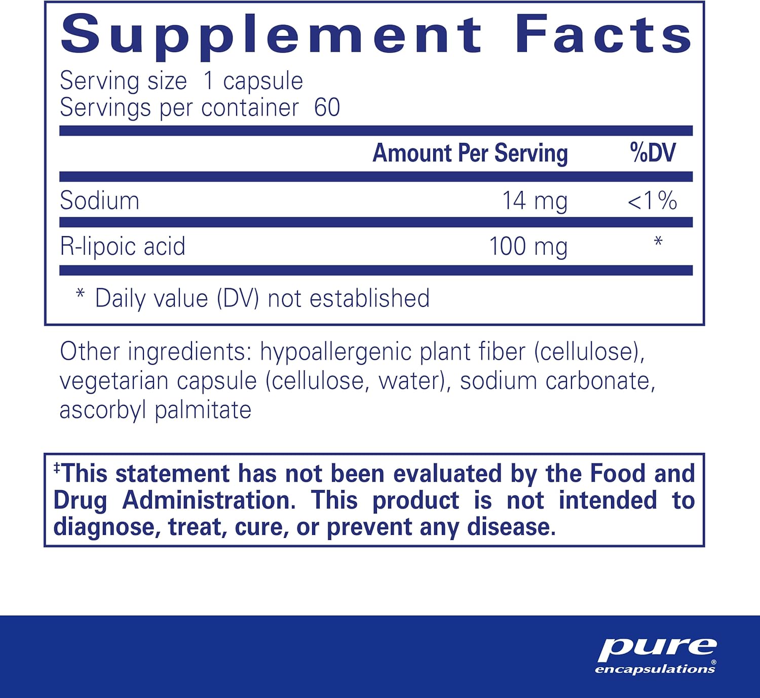 Hypoallergenic Pure Encapsulations R-Lipoic Acid (Stabilized) | Enhanced Antioxidant and Metabolic Support | 60 Capsules