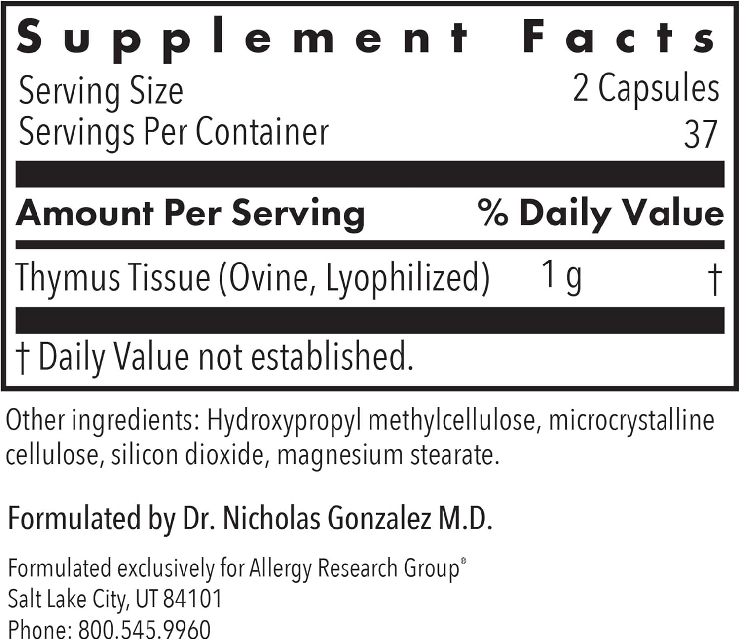 Hypoallergenic Thymus Supplement with 1000mg Raw Glandular Extract - 75 Count Pack