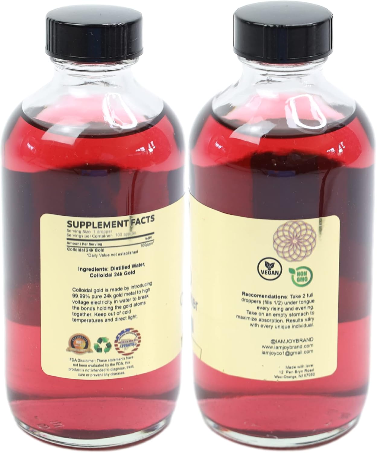 I Am Joy Liquid Colloidal Gold 24k 99.99% Pure 100ppm Ruby Red Water Based All Natural Electrolysis Large 8oz Glass Bottle - Premium Quality Formula