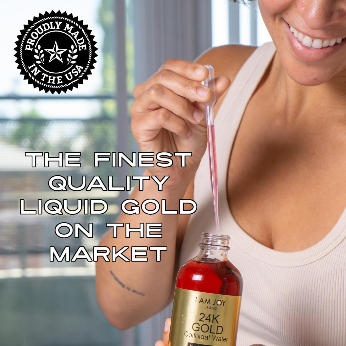 I Am Joy Liquid Colloidal Gold 24k 99.99% Pure 100ppm Ruby Red Water Based All Natural Electrolysis Large 8oz Glass Bottle - Premium Quality Formula