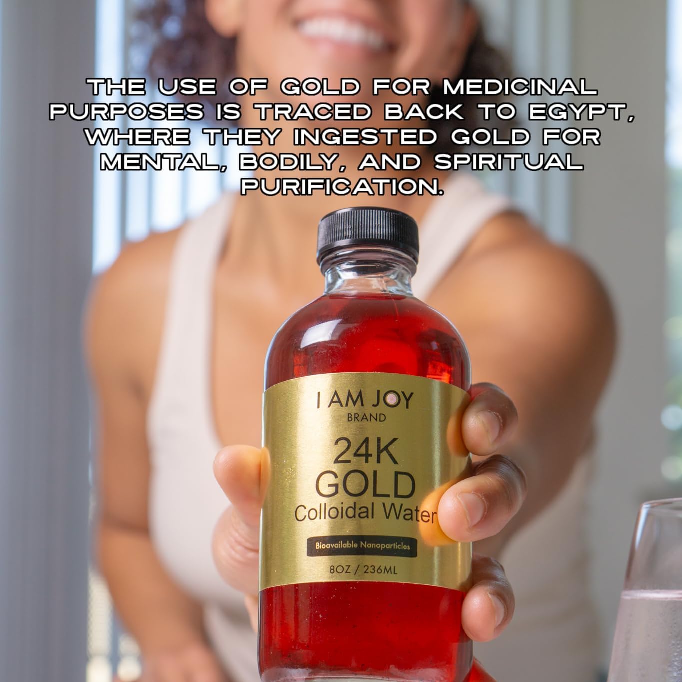 I Am Joy Liquid Colloidal Gold 24k 99.99% Pure 100ppm Ruby Red Water Based All Natural Electrolysis Large 8oz Glass Bottle - Premium Quality Formula