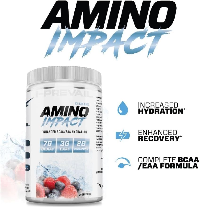 I-Prevail Amino Impact BCAA & EAA Hydration Recovery Formula - Keto Friendly | 7g BCAA, 3g EAA, 2g Glutamine | 30 Servings