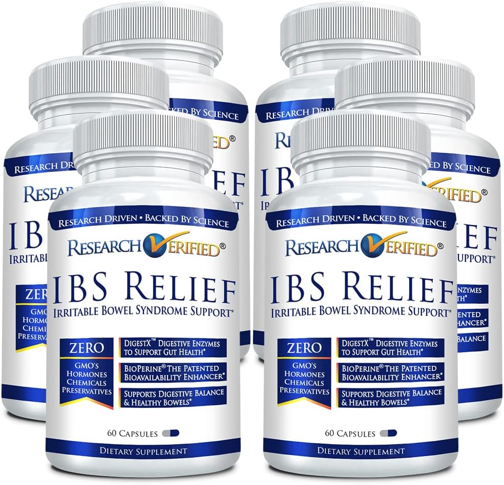 IBS Relief with Natural Digestive Enzymes and BioPerine - 360 Capsules (6 Bottles) by Research Verified