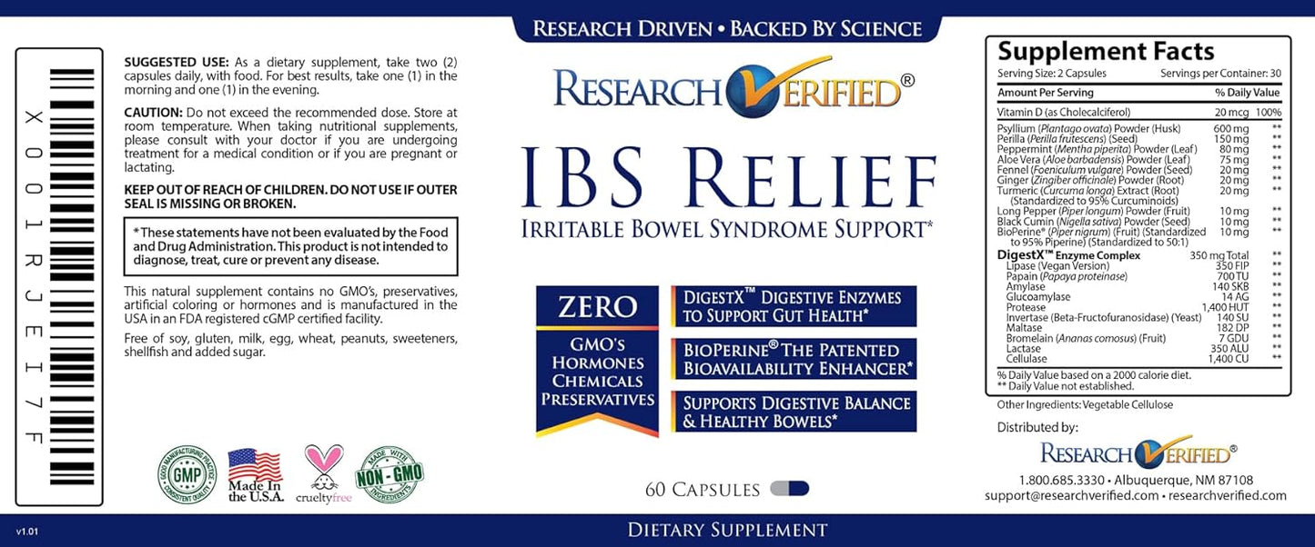 IBS Relief with Natural Digestive Enzymes and BioPerine - 360 Capsules (6 Bottles) by Research Verified
