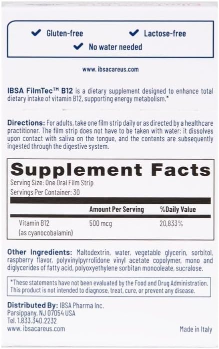 Ibsa FilmTec B12 Oral Dissolving Films - 500 mcg Vitamin B12 Supplement for Immediate Release - Gluten-Free, Lactose-Free, Sugar-Free