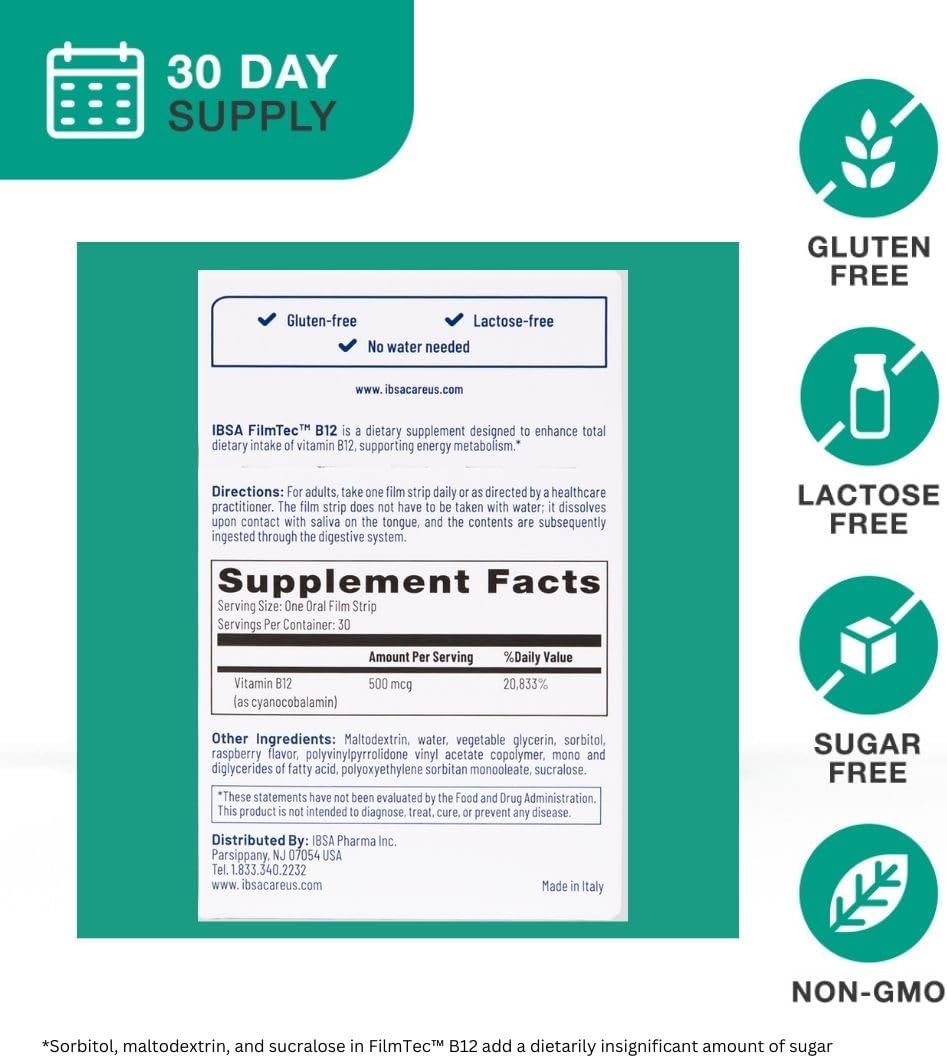 Ibsa FilmTec B12 Oral Dissolving Films - 500 mcg Vitamin B12 Supplement for Immediate Release - Gluten-Free, Lactose-Free, Sugar-Free