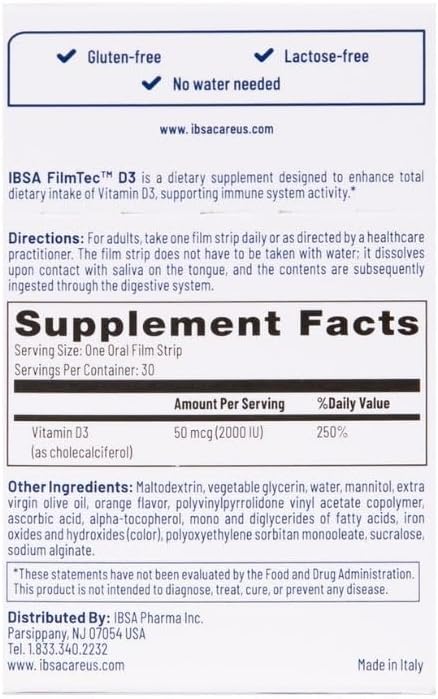 Ibsa FilmTec D3 Oral Dissolving Films - 2000 IU Vitamin D3 Supplement for Immediate Release - Gluten, Lactose, and Sugar-Free