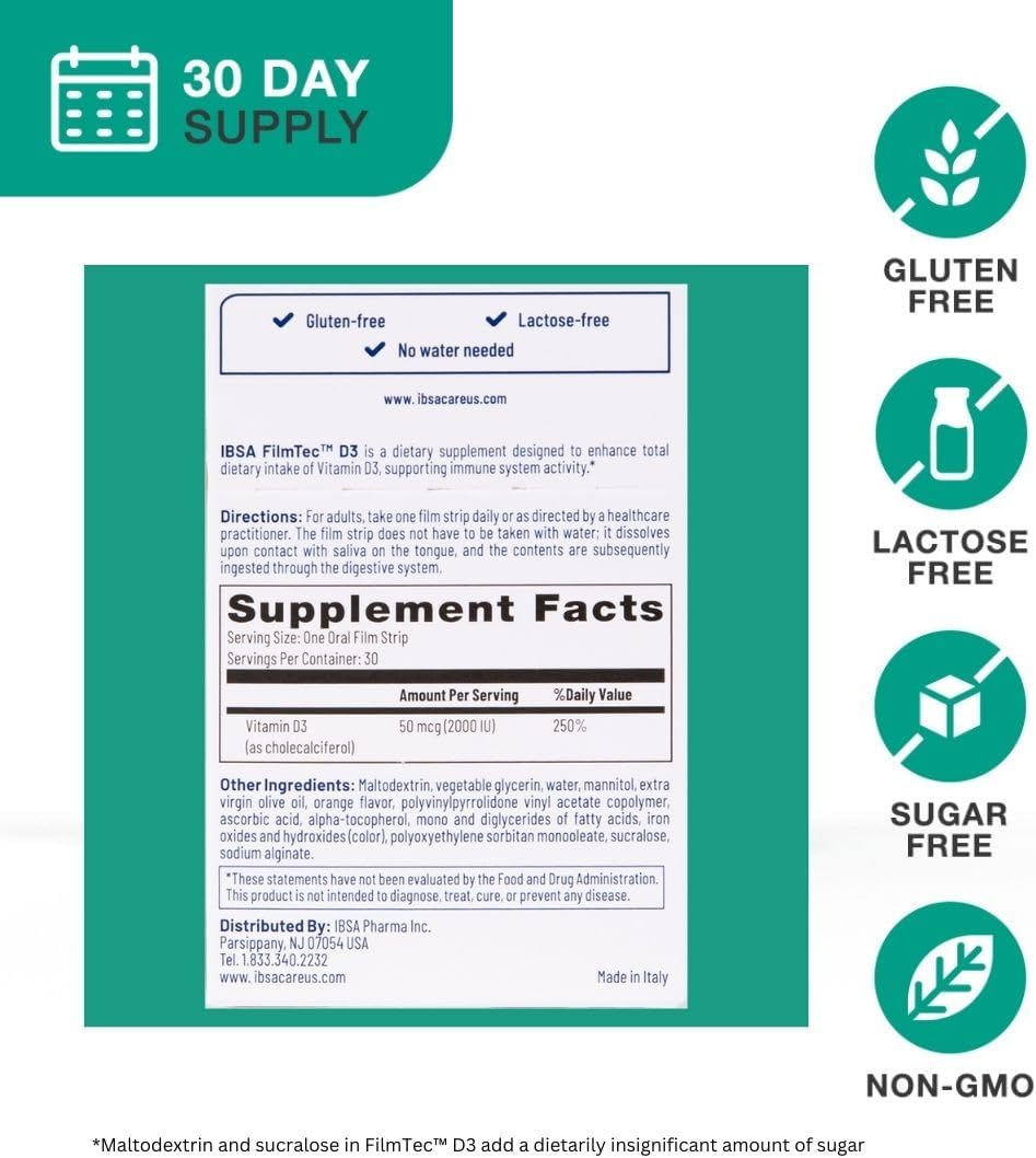Ibsa FilmTec D3 Oral Dissolving Films - 2000 IU Vitamin D3 Supplement for Immediate Release - Gluten, Lactose, and Sugar-Free