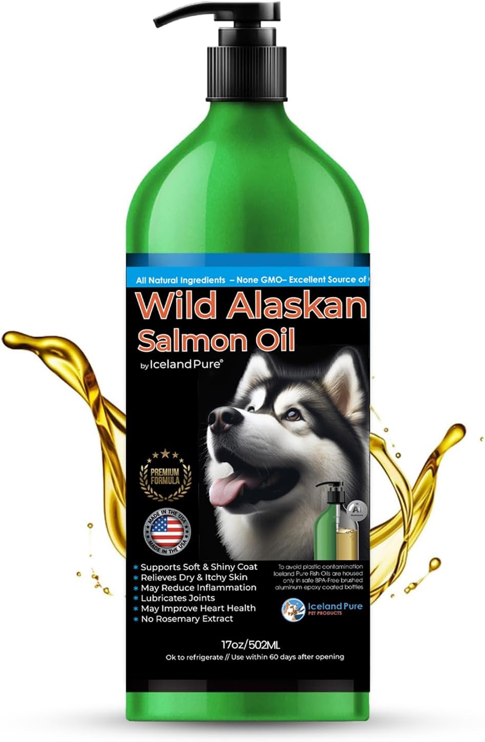 Iceland Pure Wild Alaskan Salmon Oil for Pets | High Omega-3 Content | Salmon & Pollock Blend | BPA-Free Pump Bottle - 17 oz