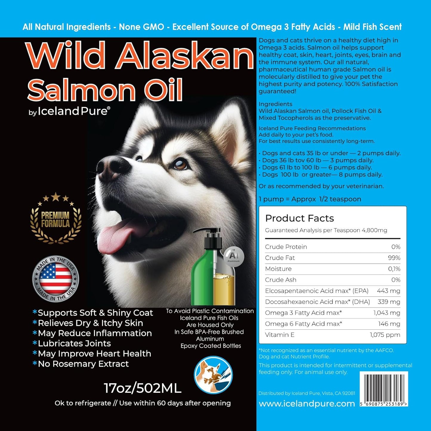 Iceland Pure Wild Alaskan Salmon Oil for Pets | High Omega-3 Content | Salmon & Pollock Blend | BPA-Free Pump Bottle - 17 oz