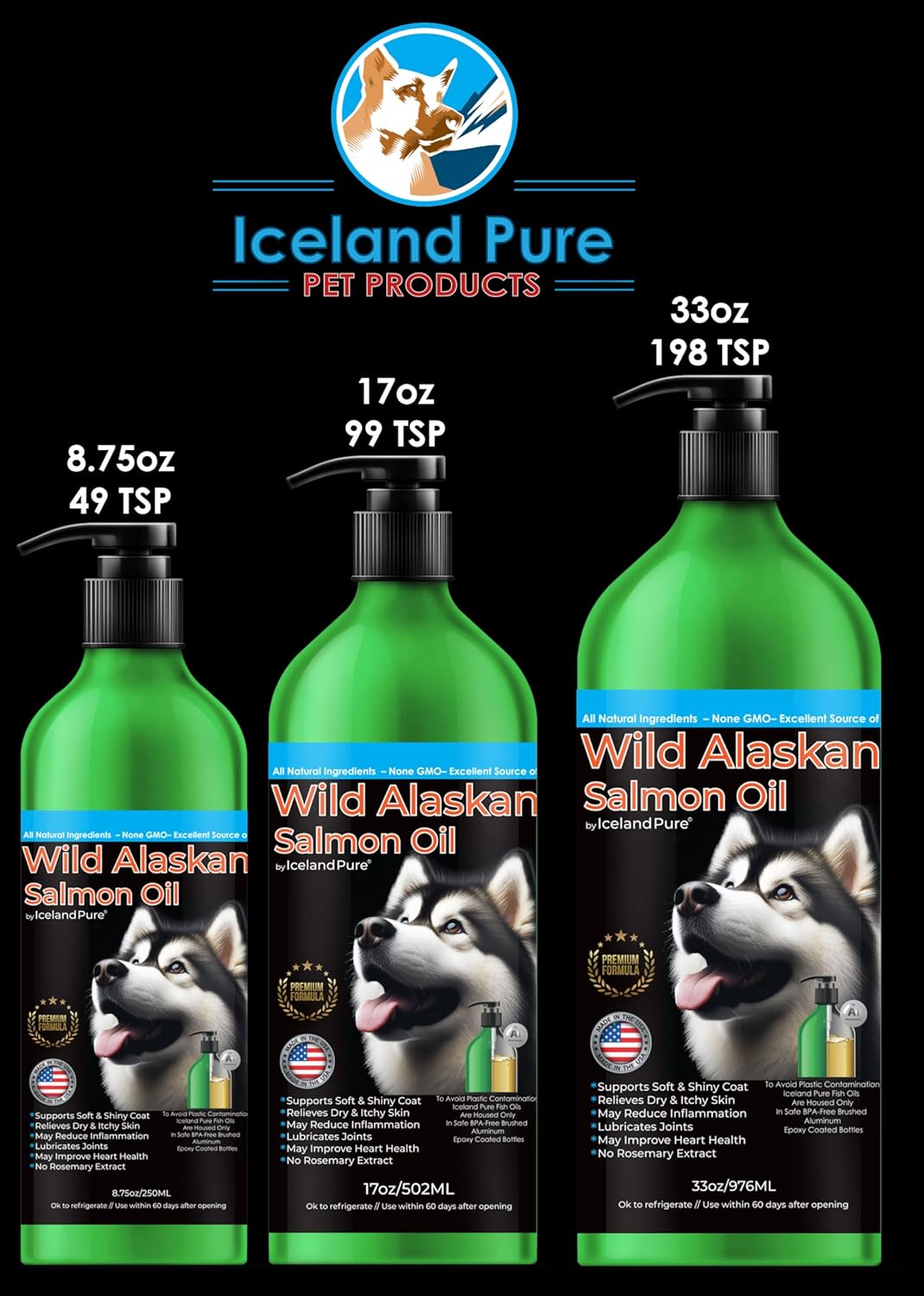Iceland Pure Wild Alaskan Salmon Oil for Pets | High Omega-3 Content | Salmon & Pollock Blend | BPA-Free Pump Bottle - 17 oz