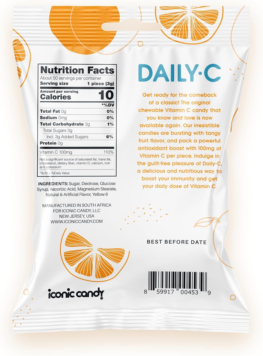 Iconic Candy Orange Chewable Vitamin C Candy - 100MG of Vitamin C per Piece - 5.3oz Bag