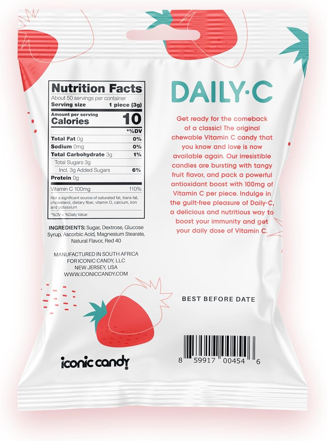 Iconic Candy Strawberry Chewable Vitamin C Candy - 100MG per Piece - 5.3oz Peg Bag