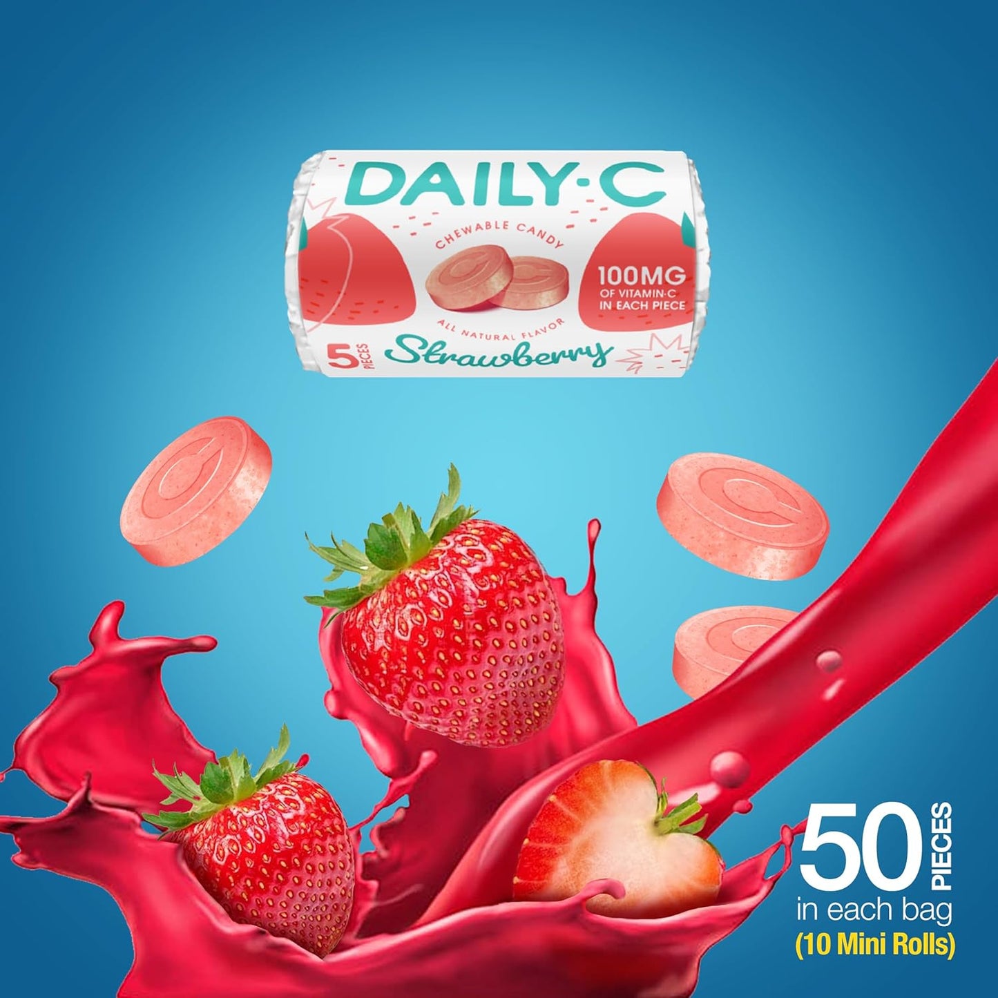 Iconic Candy Strawberry Chewable Vitamin C Candy - 100MG per Piece - 5.3oz Peg Bag