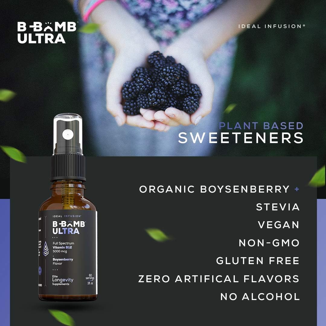Ideal Infusion B-Bomb Triple Vitamin B12 Liquid Spray: Methylcobalamin, Adenosylcobalamin, Hydroxocobalamin - Nerve Health and Energy Booster- 5000 mcg, Keto, Sugar Free (Organic Boysenberry)