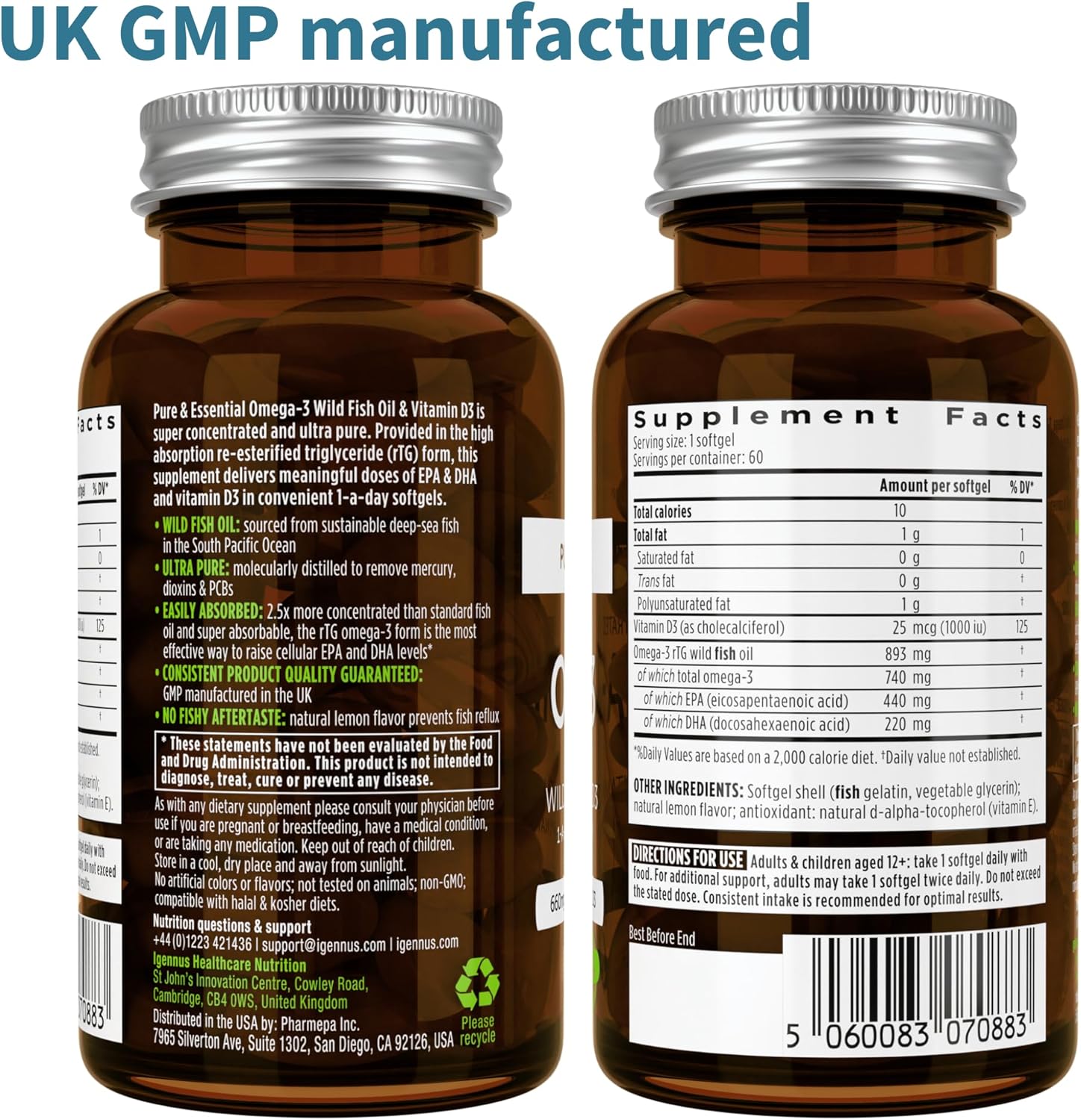 Igennus Advanced Omega-3 Wild Fish Oil & Vitamin D3 Softgels - High EPA & DHA, Non-GMO, 1-a-Day, 360 Count