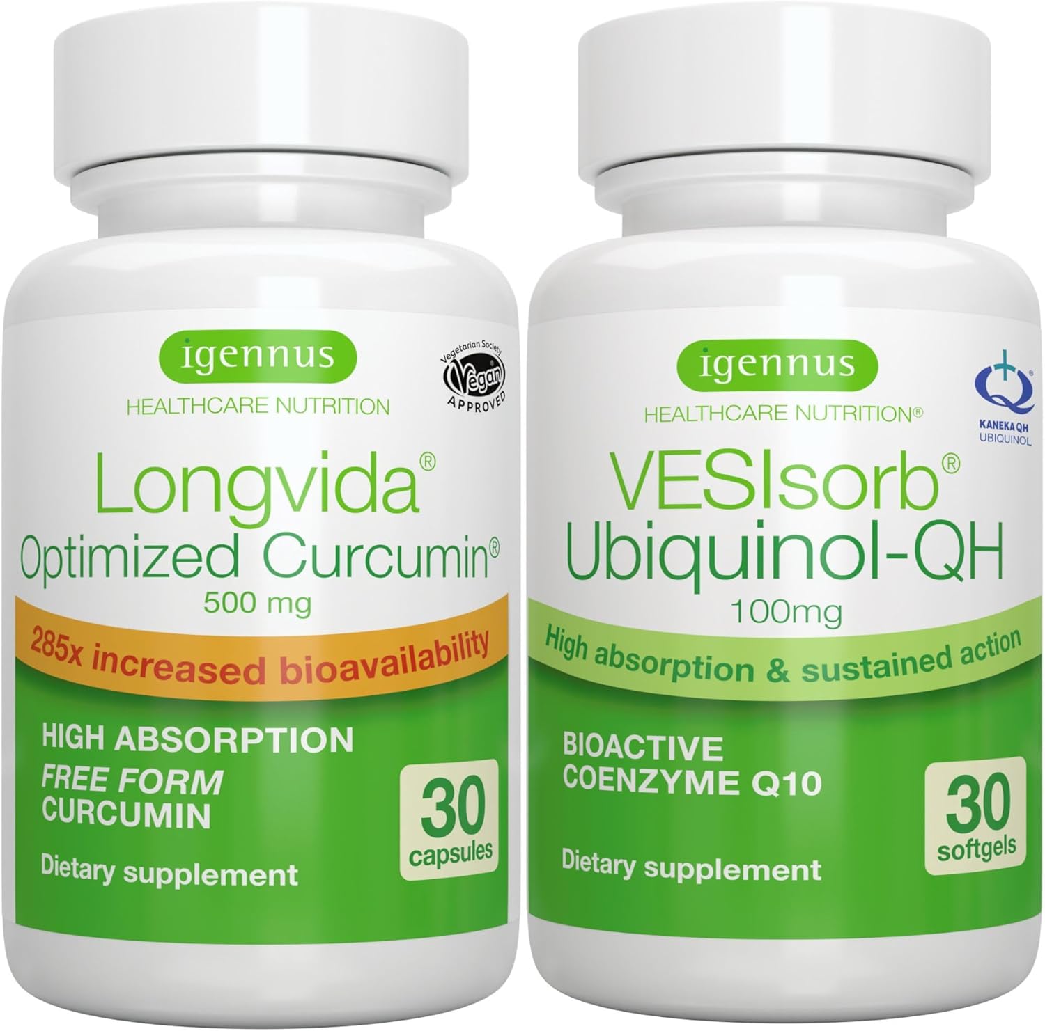Igennus Healthcare Longvida Curcumin 500mg + VESIsorb Ubiquinol-QH CoQ10 100mg Bundle - Advanced Bioavailable Formula by Igennus
