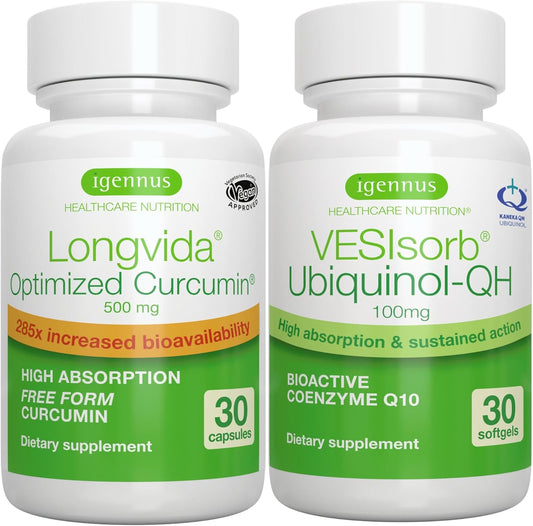 Igennus Healthcare Longvida Curcumin 500mg + VESIsorb Ubiquinol-QH CoQ10 100mg Bundle - Advanced Bioavailable Formula by Igennus