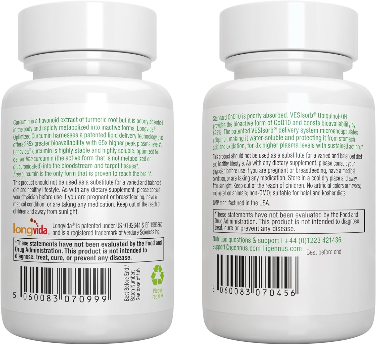 Igennus Healthcare Longvida Curcumin 500mg + VESIsorb Ubiquinol-QH CoQ10 100mg Bundle - Advanced Bioavailable Formula by Igennus