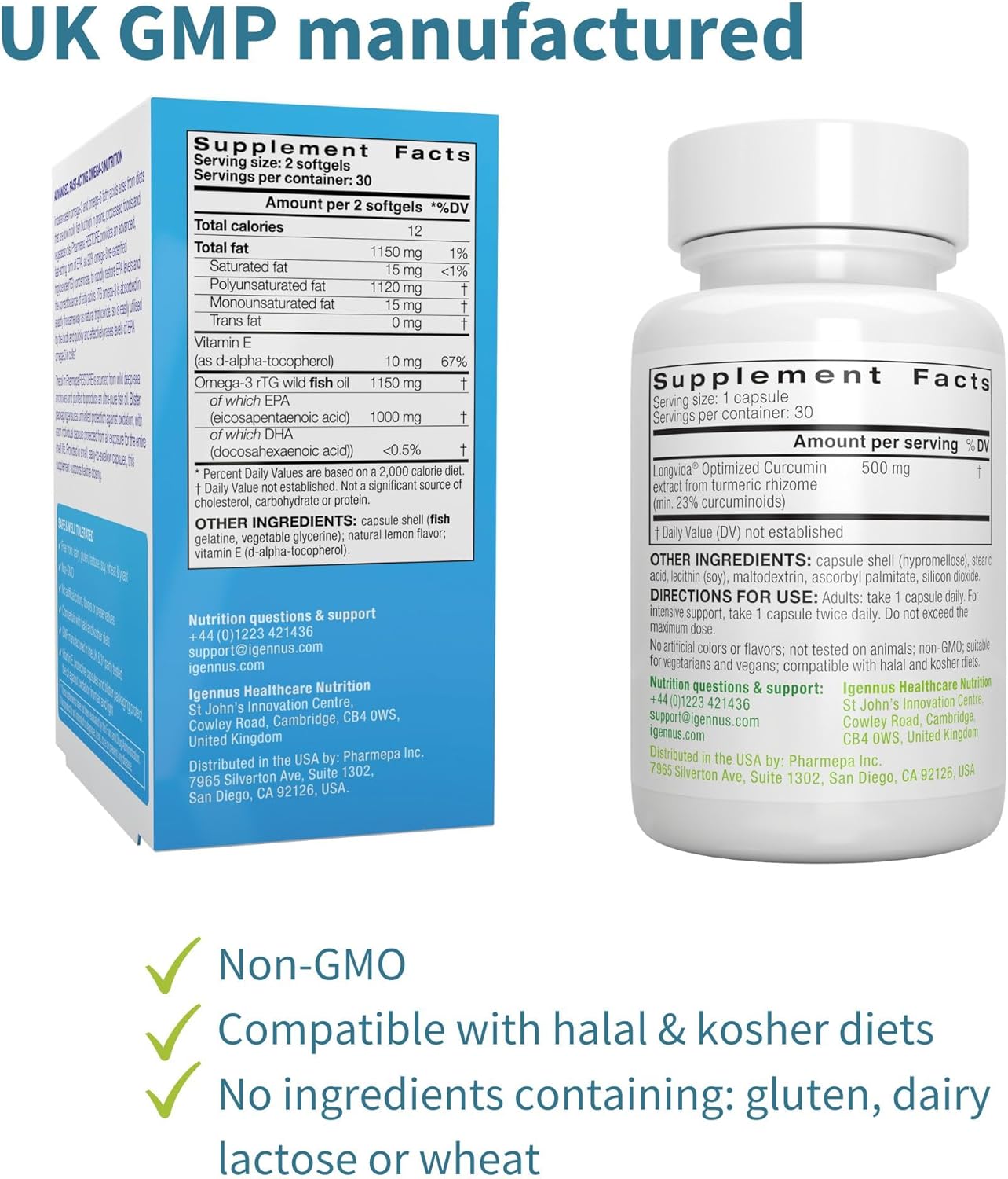 Igennus Healthcare Nutrition Bundle: Pharmepa Restore & Longvida Lipidated Curcumin - 1000mg Pure EPA Omega-3 Fish Oil & Bioavailable Curcumin