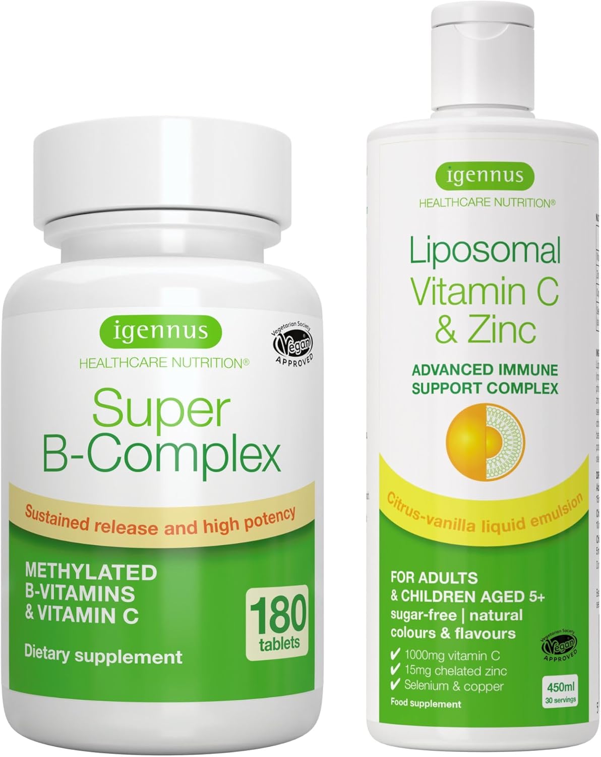 Igennus Healthcare Nutrition Super B-Complex with Liposomal Vitamin C 1000mg and Zinc Bundle for Immune Support
