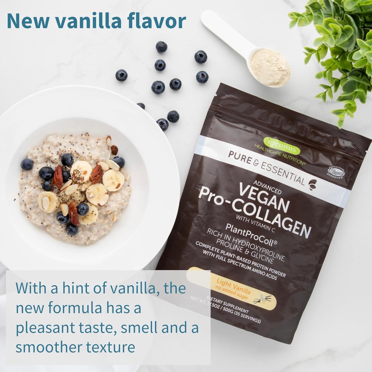 Igennus Healthcare Nutrition Vegan Vanilla Collagen Peptide Powder with Vitamin C - Non GMO Plant Based Booster (35 Servings)