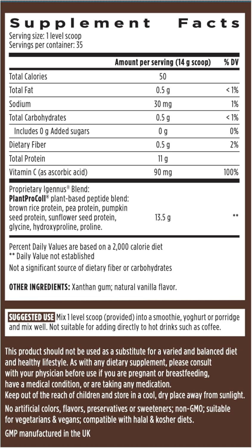 Igennus Healthcare Nutrition Vegan Vanilla Collagen Peptide Powder with Vitamin C - Non GMO Plant Based Booster (35 Servings)