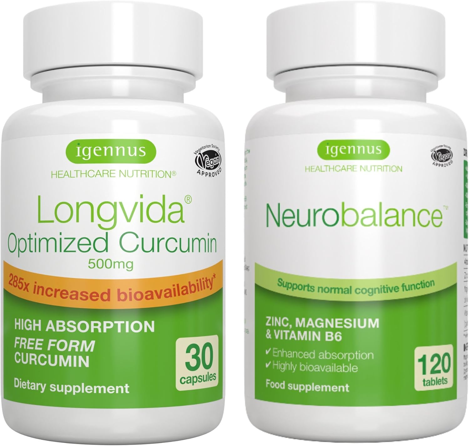 Igennus Longvida Curcumin 500mg + Neurobalance Zinc Magnesium B6 Bundle - High Absorption, Vegan, Bioavailable Formula
